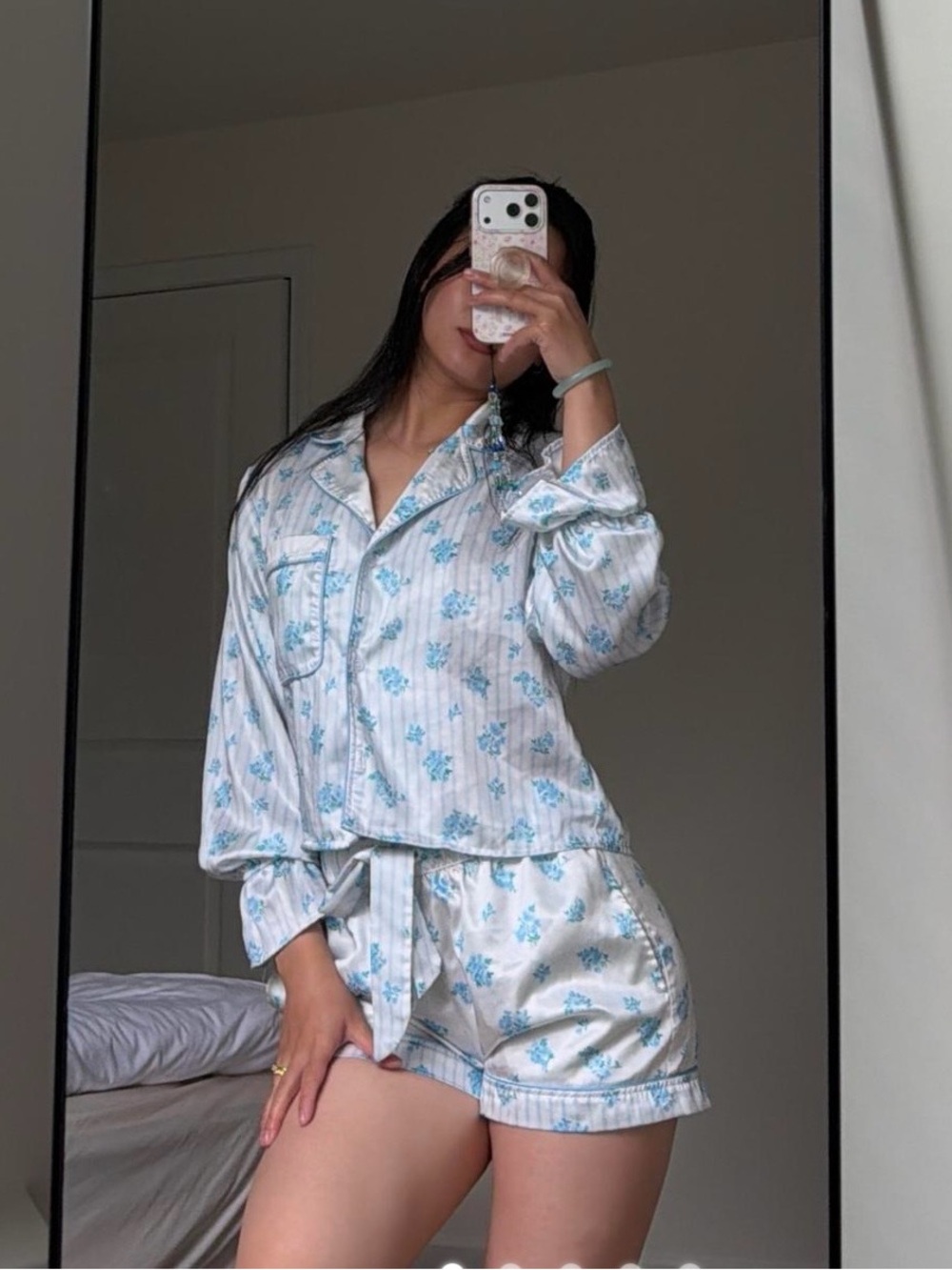Altar'd State Blue & White Floral Satin Pajama Set